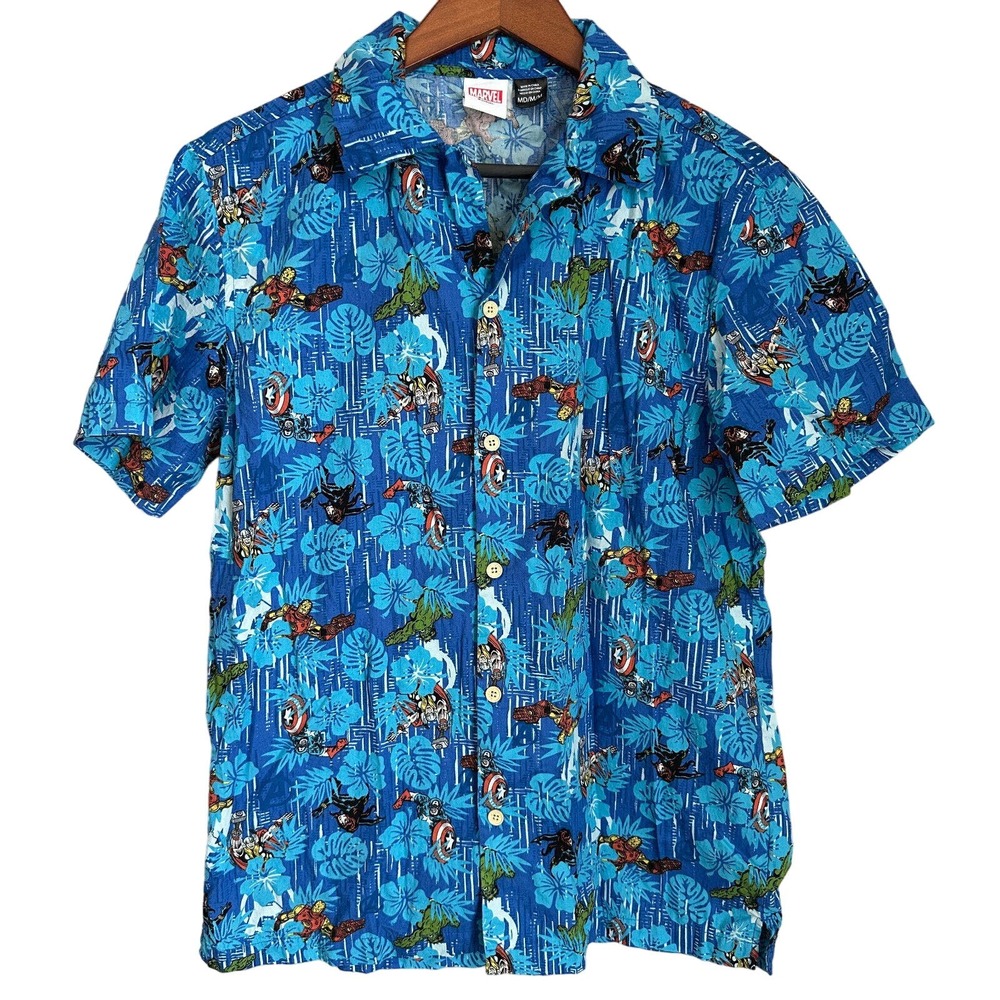 Marvel Avengers Hawaiian Shirt Classic Comics Button Up Short Sleeve Men's M